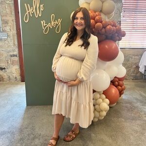 Soft Neutral Smocked Midi Dress – Maternity-Friendly